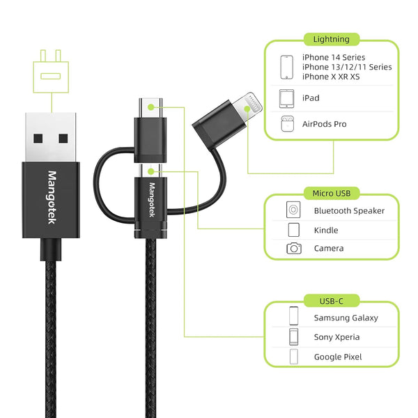 3-in-1 Charging Cable, [Apple MFi Certified] Charger Adapter with USB A to Lightning/Type C/Micro USB Port Connectors for iPhone, iPad, Huawei, HTC, LG, Samsung Galaxy, Sony