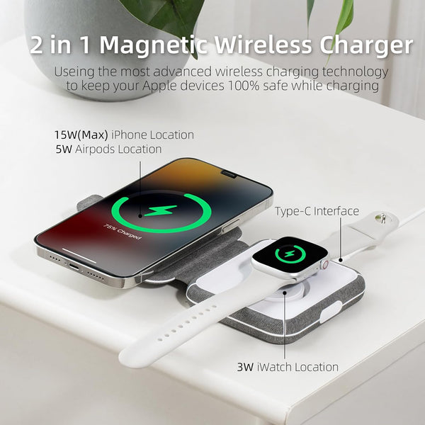 2 in 1 Wireless Charger, Magnetic Wireless Charging Pad Foldable Mag-Safe Wireless Charging Station for Travel Compatible with MagSafe for iPhone 15/14/13/12/11 Series/Airpods/Apple Watch