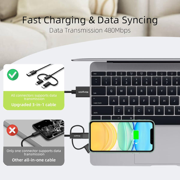 3-in-1 Charging Cable, [Apple MFi Certified] Charger Adapter with USB A to Lightning/Type C/Micro USB Port Connectors for iPhone, iPad, Huawei, HTC, LG, Samsung Galaxy, Sony