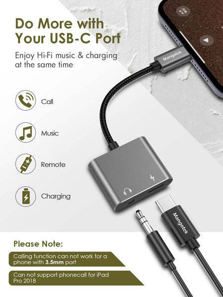 USB C to 3.5mm Headphone and Charger Adapter, 2 in 1 Type C to 3.5mm Audio Adapter with Fast Charging for Aux, Earphones Compatible with Samsung S23/S22 note20/10 iPad Pro Pixel Huawei, Grey