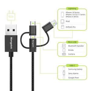 3 in 1 Charging Cable, [Apple MFi Certified] Charger Adapter with USB A to Lightning/Type C/Micro USB Port Connectors for iPhone, iPad, Huawei, HTC, LG, Samsung Galaxy, Sony