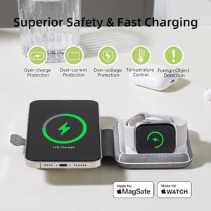 2 in 1 Wireless Charger, Magnetic Wireless Charging Pad Foldable Mag-Safe Wireless Charging Station for Travel Compatible with MagSafe for iPhone 15/14/13/12/11 Series/Airpods/Apple Watch