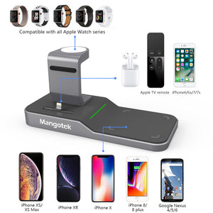 Mangotek Apple Watch Stand Wireless Charger for iPhone and iWatch, 4 in 1 Phone Charging Station with Lightning Connector and USB Port for iPhone 8/X/XR/7/6 and iWatch Series 4/3/2/1, MFi Certified (including 12V/3A Adapter)