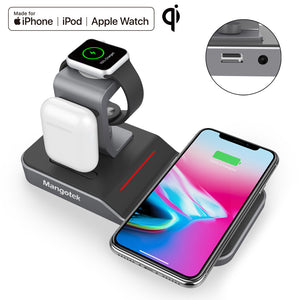 Mangotek Apple Watch Stand Wireless Charger for iPhone and iWatch, 4 in 1 Phone Charging Station with Lightning Connector and USB Port for iPhone 8/X/XR/7/6 and iWatch Series 4/3/2/1, MFi Certified (including 12V/3A Adapter)