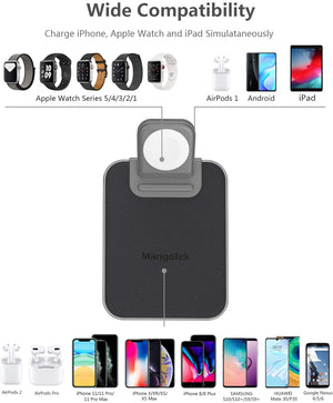 Mangotek Wireless Charging Station, 3 in 1 Qi Fast Wireless Charger Stand for Apple Watch, iPhone 11/11 Pro/11 Pro Max/XS Max/X, Samsung Galaxy Note 10/Note 10+/S10, AirPods Pro (Adaptor Included)